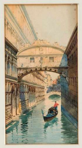 Camillo Bartoluzzi (1868-1933), Italian view painter, bridged canal in Venice, watercoloron paper,
