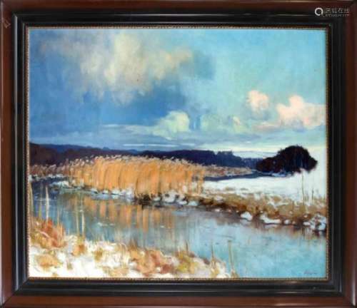 H. Petersen, Danish painter from the 1st half of the 20th century, winter landscape with areed