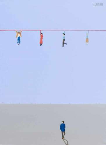Jens Ulrich Petersen (* 1947), contemporary Danish artist, surreal landscape with highwire,