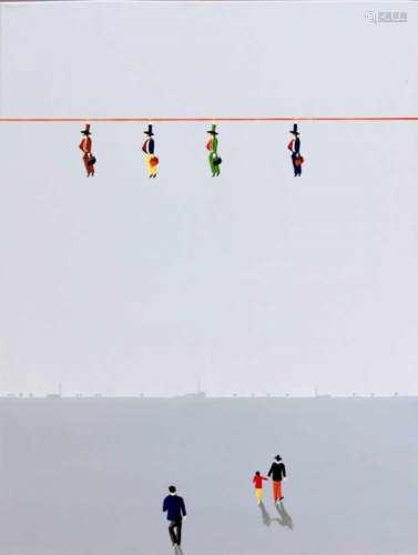 Jens Ulrich Petersen (* 1947), contemporary Danish artist, surreal landscape with highwire,