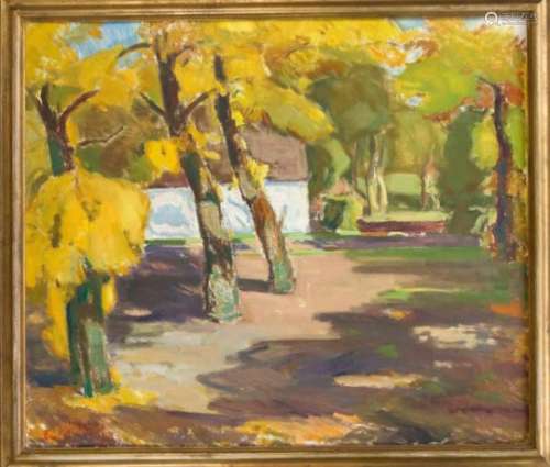 Ewald August Grauengaard (1889-1962), dänischer Maler, sommerliche Landschaft mit Haus, Ölauf