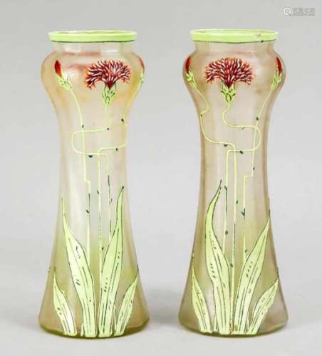 A pair of Art Nouveau vases, around 1900, round stand, curved, slender body, clear mattglass, with