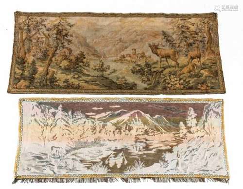 2 gewebte Wandbehänge, 19./20. Jh., 1 x röhrende Hirsche im Schlosspark (160 x 73 cm), 1