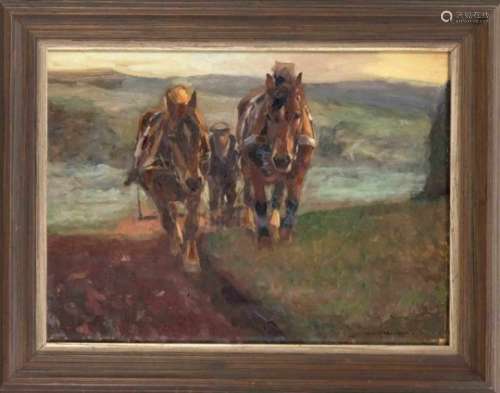 Eugen Osswald (1879-1960), farmer with a plowing team of horses, oil on panel, u. re.signed, verso