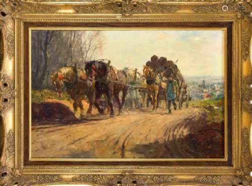 Julius Paul Junghanns (1876-1958), attributed to or Circle, team of horses pulling a cartloaded with