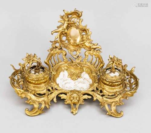 Opulent Rococo style writing set, 19th century, bronze, gilt, porcelain, white, giltdecor, bowl