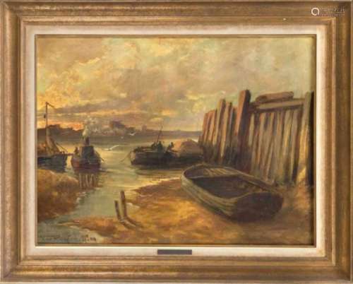 Viktor de Ruyter (1870-?), Harbor area in the evening, oil on canvas, u. left signed u.dated ''DF