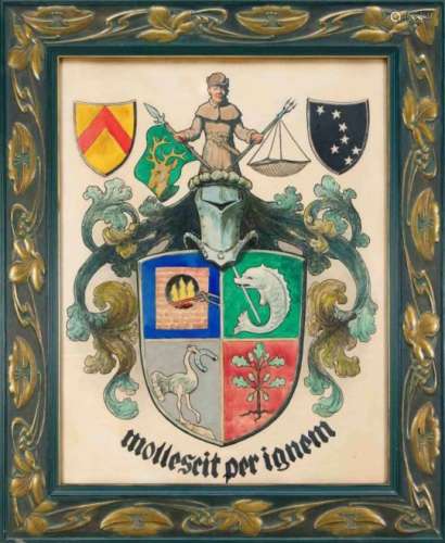 Heraldry --- large coat of arms around 1900, watercolor and pen on paper, coat of armswith motto ''