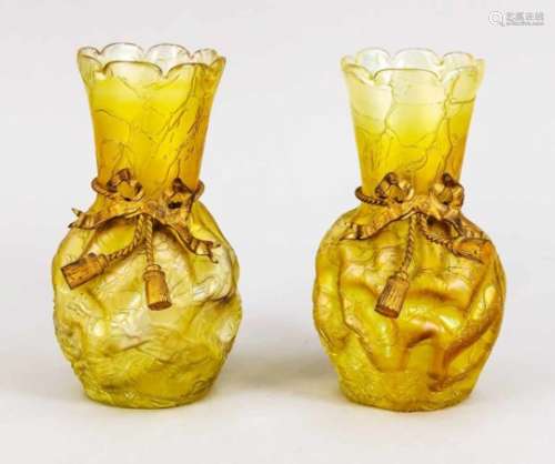 Pair of Art Nouveau vases, early of 20th century, round stand, bulgy body, slightly flaredneck,