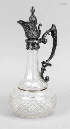 Carafe with pewter mounting, around 1900, mounting with floral and figural reliefdecoration,