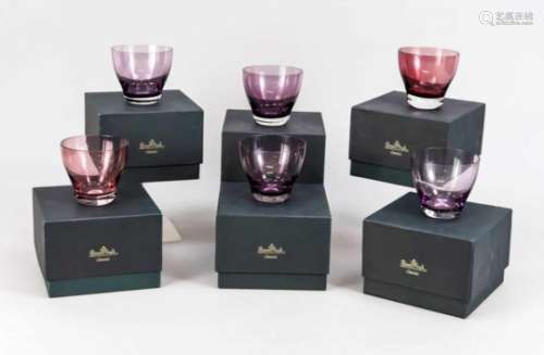 Six beakers, Rosenthal, late 20th century, round stand, curved body with flaring walls,violet glass,
