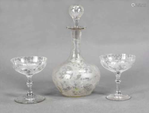 Carafe with two liqueur glasses, 20th century, carafe with a bulgy body and slim neck,complete