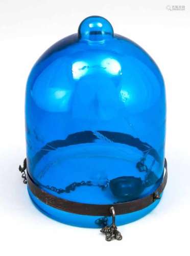 Cloche of a hanging lamp, early 20th century, blue glass with floral cut decor, metalmounting with