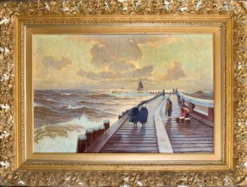 C. Schön, marine painter of the 19th century, large seascape with figures on a pier in theevening,
