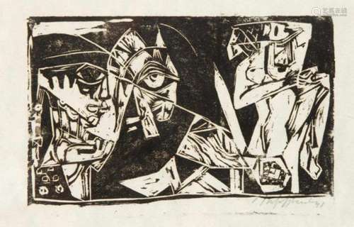 Three woodcuts to the drama ''The Flies'' by Jean-Paul Sartre, woodcuts on Japanese paper byHubert