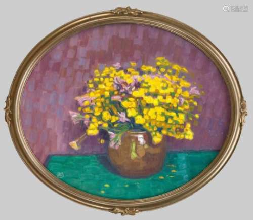 Monogrammist MR, painter around 1910, still life m. yellow flowers, oil on cardboard, u.left