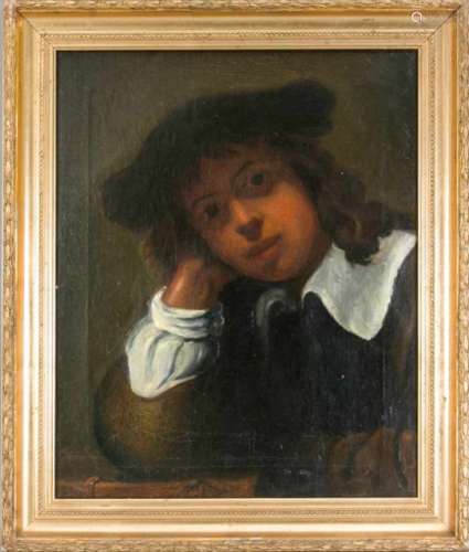 Anonymous 19th-century portrait painter, young man leaning on a book, looking at theviewer with