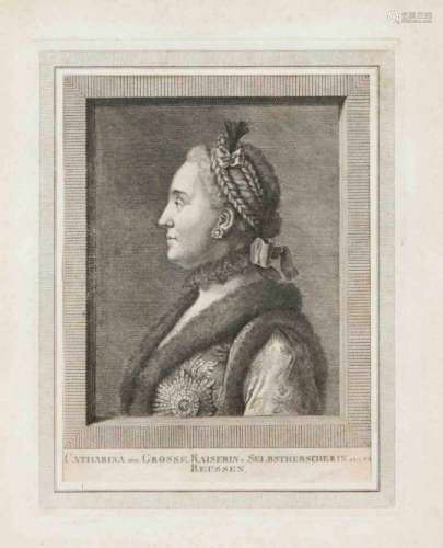 Two graphics with Russian motifs, 19th century, profile portrait of Catherine the Great''Empress and
