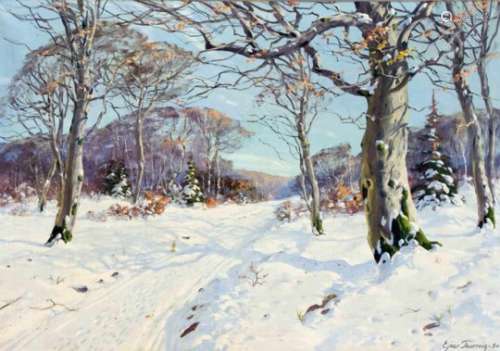 Ejnar Thornvig, Danish painter of the 20th century, snow-covered winter landscape, oil oncanvas,
