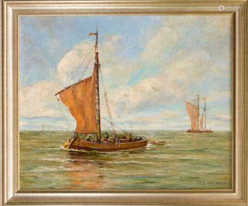 H. Larsen, Danish marine painter from the 1st half of the 20th century, fishing trawleroff the coast