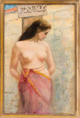 Anonymous painter around 1900, female half-act on Arab slave market, oil on canvas,unsigned, doubl.,