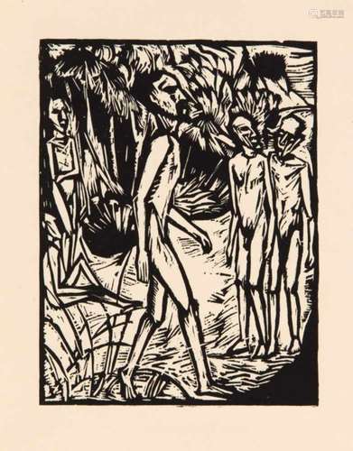 Erich Heckel (1883-1970), ''Men on the Beach'', woodcut on wove paper, on the reversetypographical