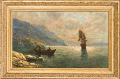 Pieter Francis Peters (1818-1903) (attrib.), Coastal area with fishermen and anchoredsailing ship,