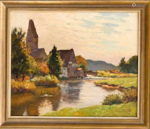 Franz Frankl (1881-1940), Munich landscape painter, watermill with church tower in thebackground,
