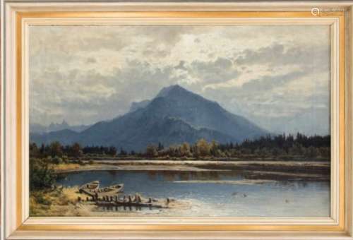 Franz Hinterholzer (1851-1928), Austrian landscape painter, alpine idyll with ducks andbarges on a
