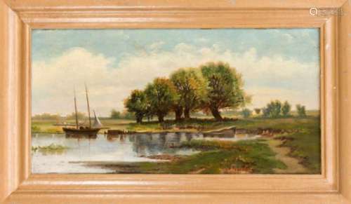 Anonymous 19th century landscape painter, lakeshore in a wide landscape with pollardedwillows, oil
