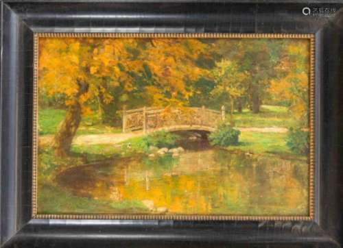 V. Peter, landscape painter around 1900, impressionistic park landscape with bridge, oilon