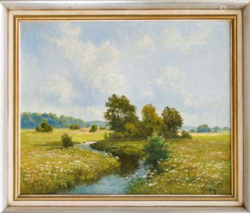 Henry Gundlach (1884-1965), summer landscape with a stream running through a flowermeadow, oil on