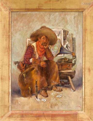 Copyist J.K. 1st half of the 20th century, humorous depiction of a grief-stricken cowboysitting next