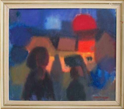 Knud Horup (1926-1973), Danish painter, figures in front of illuminated building, oil oncanvas, and.