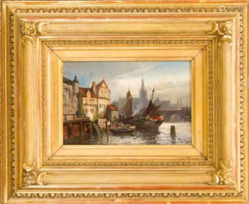 Heinrich Hiller (1846-1912), old town harbor with silhouette of a church in thebackground, oil on