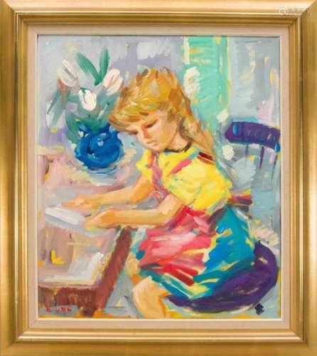 Bent Lauridsen (* 1926), Danish painter, brightly expressive depiction of a girl at adesk, oil on