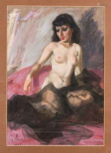 Giovanni Alico (1906-1971), Italian nude painter, nude half covered with black gauze,Pastel,