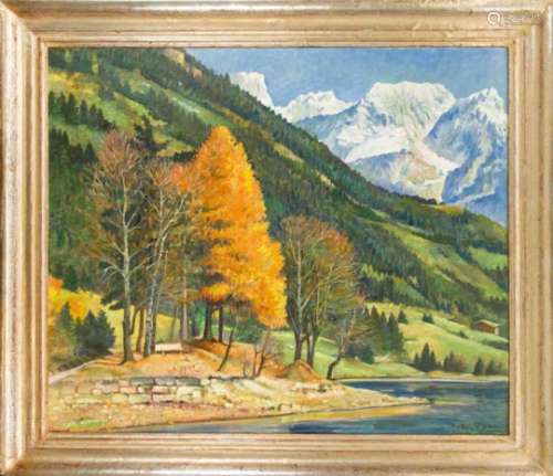 R. Schlegel, landscape painter in the middle of the 20th century, alpine mountainlandscape with lake