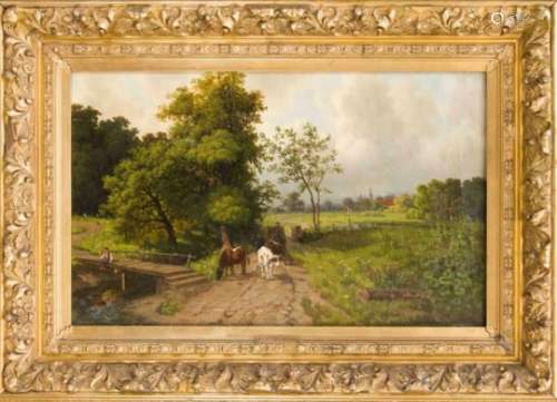 Eduard Götzelmann (1830-1903), Landscape with a shepherd and a fishing boy.Atmospheric, idyllic