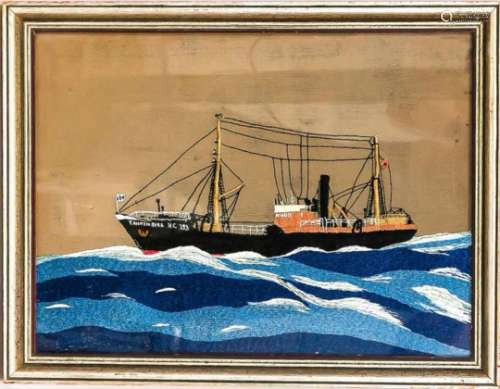 Stickbild, Deutschland, Mitte 20. Jh., Frachter Tannenberg auf See. hinter Glas gerahmt,42 x 55 cm