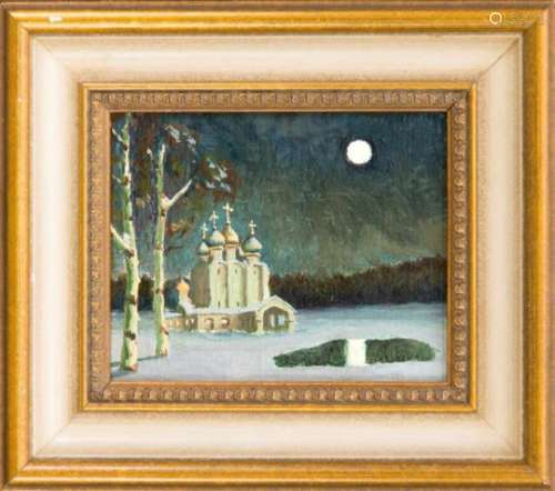 Russian painter 2nd half of the 20th century, free-standing church in snow-coveredcountryside