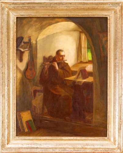 Franz Wünsch, genre painter 1st half of the 20th century, monk playing the flute in hischarterhouse,