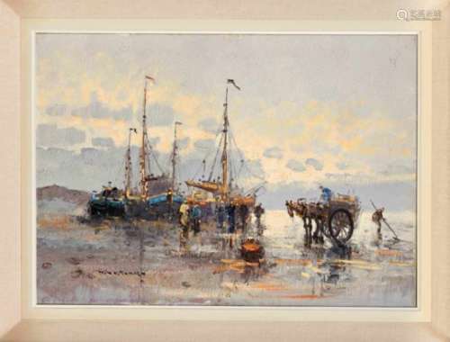 Wim van Norden (1917-2001), Dutch painter, fisherman after catching on a Dutch beach, oilon canvas
