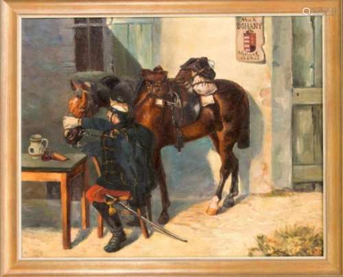 Probably Hungarian painter around 1900, soldier feeds his horse during a snack in front ofan inn,