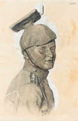War painter around 1917, portrait of a Prussian hussar, partially white pencil drawing onpaper, u.