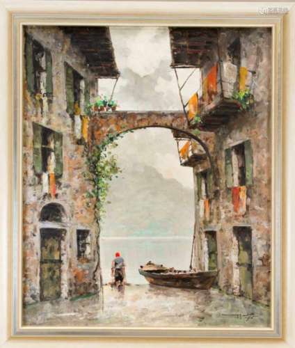 Unidentified painter 2nd half of the 20th century, archway overlooking an alpine lake andfisherman