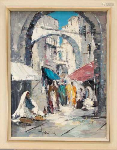 Sign. Hassan, oriental painter around 1960, impressionist bazaar scene with pasty paintapplication
