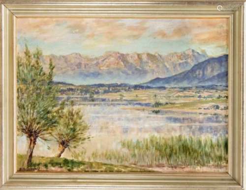 Fritz Osswald (1878-1966), Swiss Impressionist painter, summer landscape with lake infront of a
