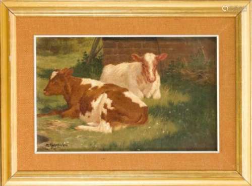 Michael Therkildsen (1850-1925) (attrib.), Resting cows in front of the stable wall, oil /canvas, u.