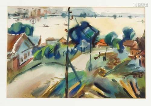 Anatoli Basjagin, contemporary Russian painter, abstracted village view overlooking a lakein the